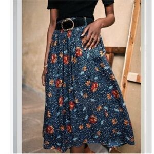 Sezane Navy Floral Midi Skirt